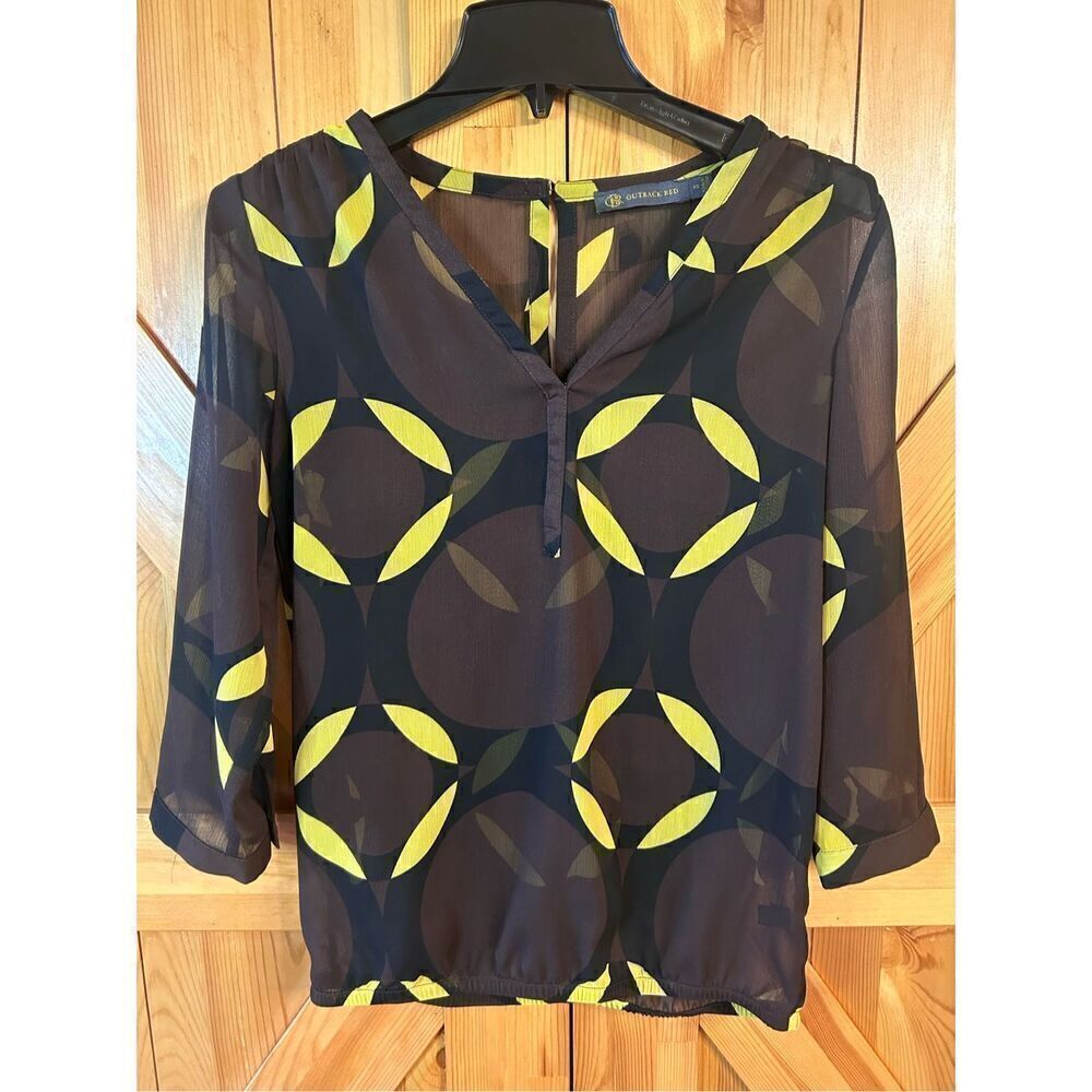 Outback Red Sheer Geometric Pattern 3/4 Sleeve Blouse Sz XS (3977)